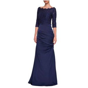 La Femme Ruched Trumpet Gown Navy. Perfect for mother of the bride or groom!!